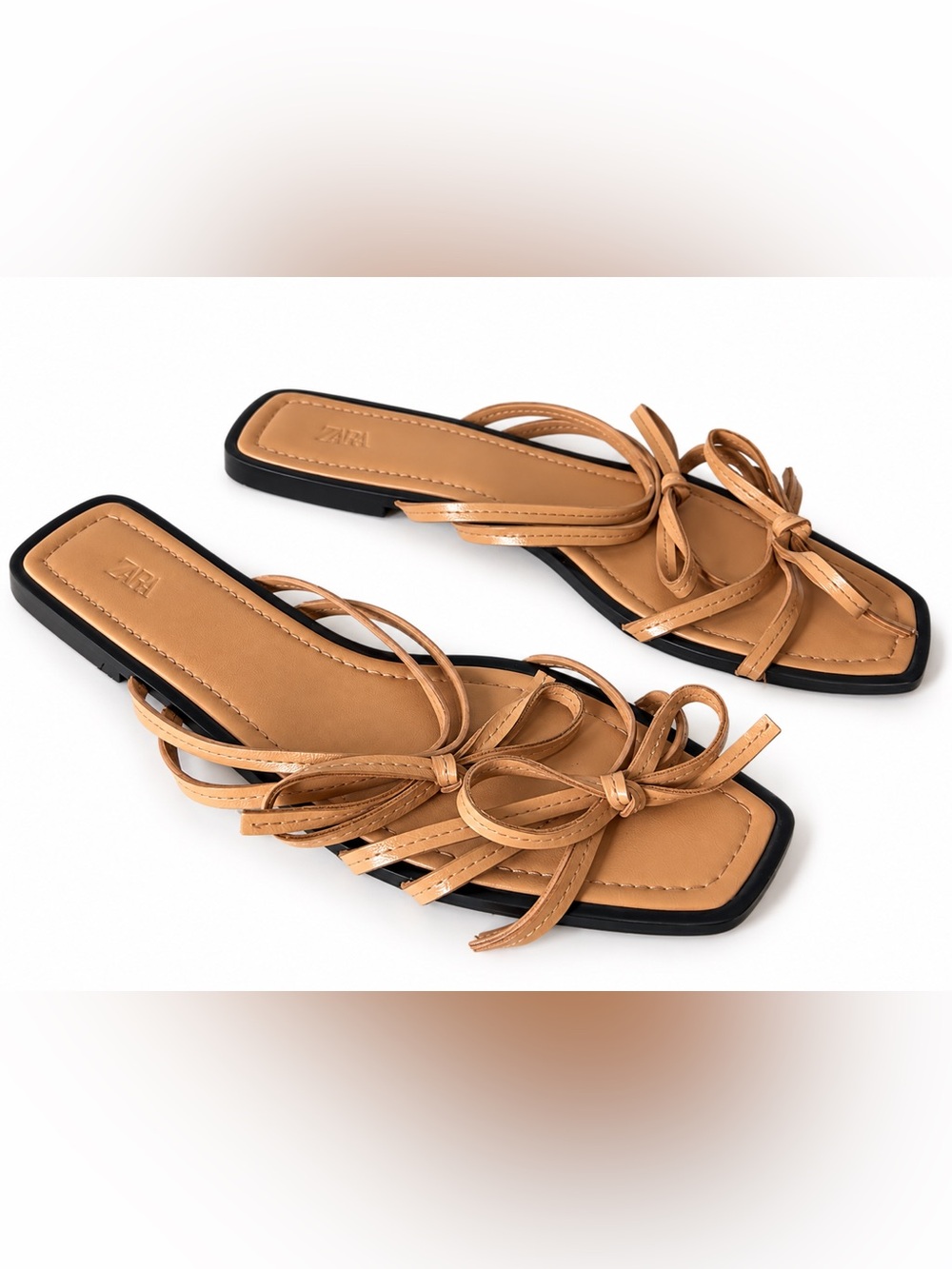 ZARA Tan Strappy Bow Square-Toe Slide Sandals